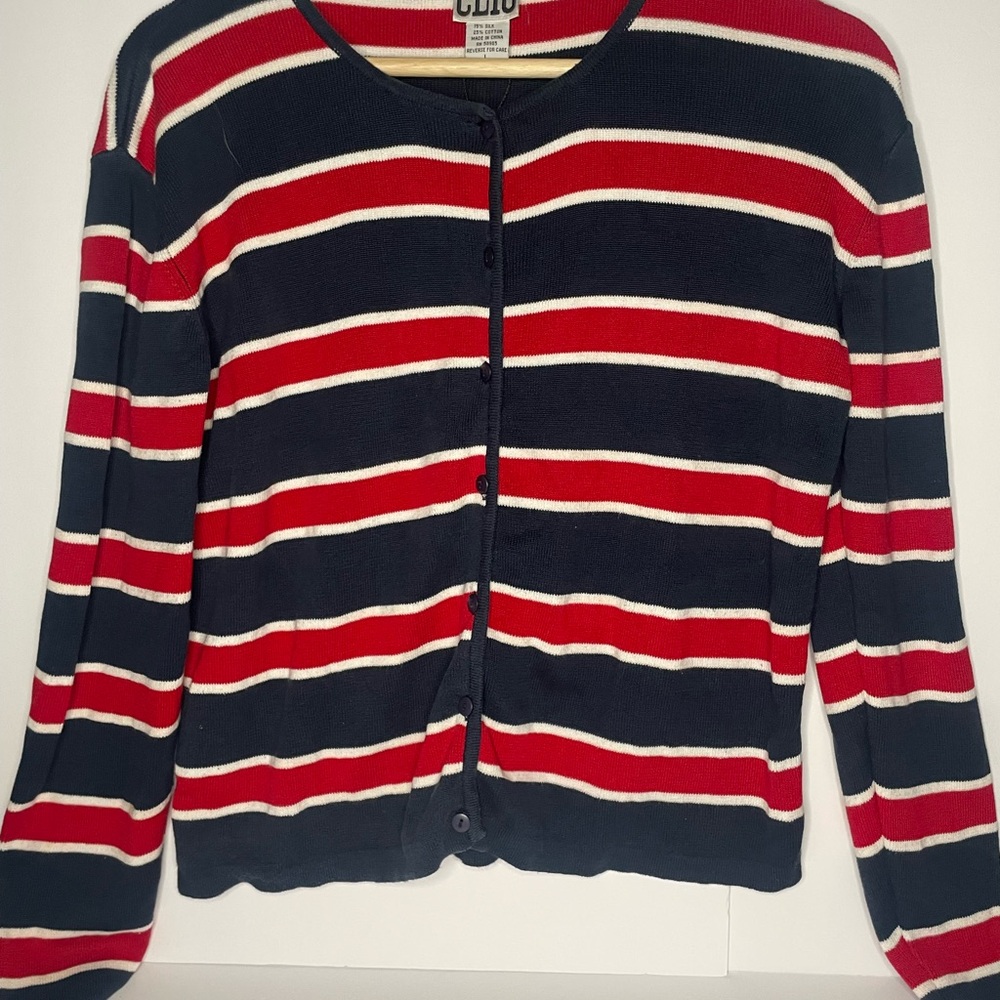 Vintage Silk Blend Classic Striped Button-Front Sweater - Navy, Red & White